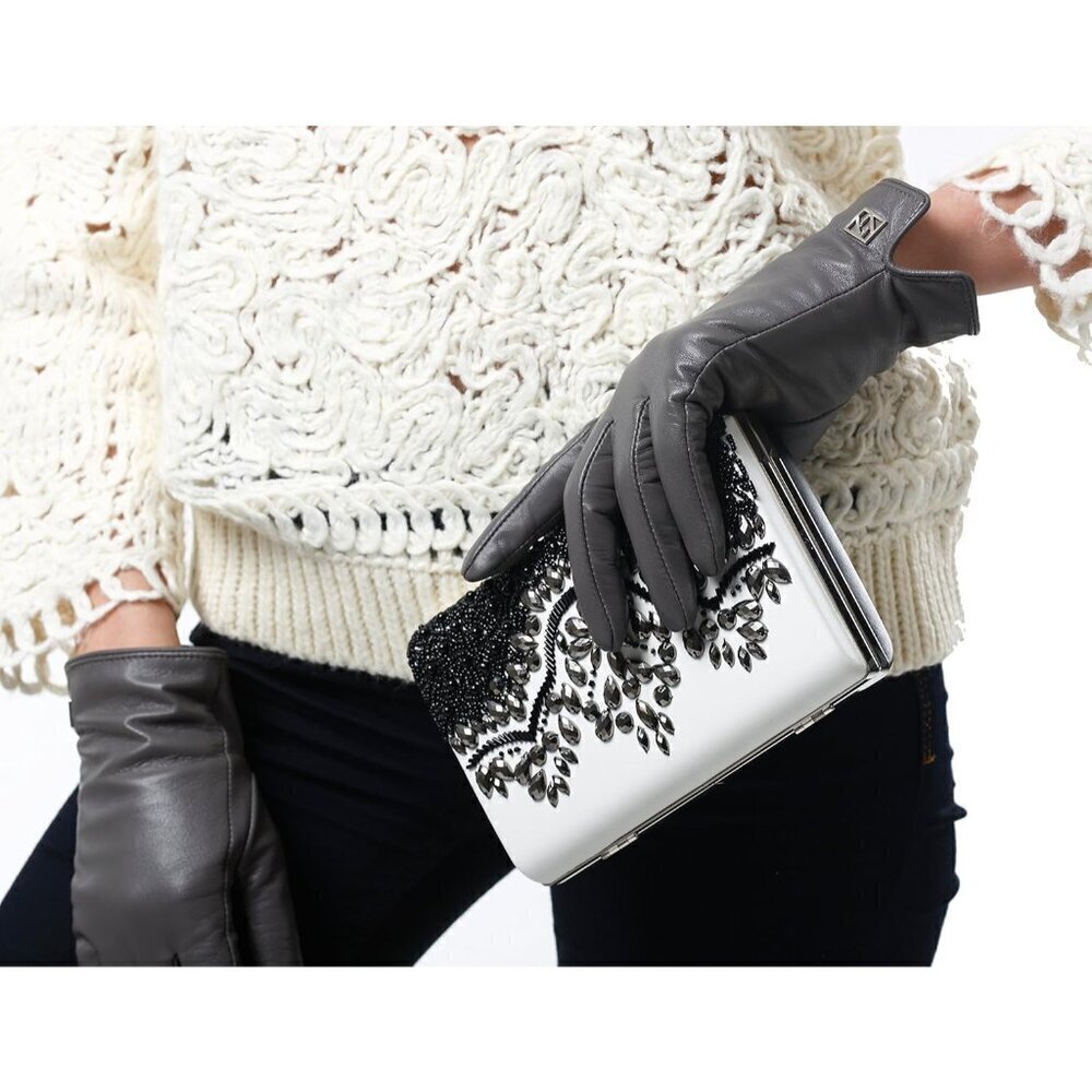 ❤️Women's  Grey Italian Leather Gloves Lambskin Winter Comfort Gloves - Picture 3 of 9